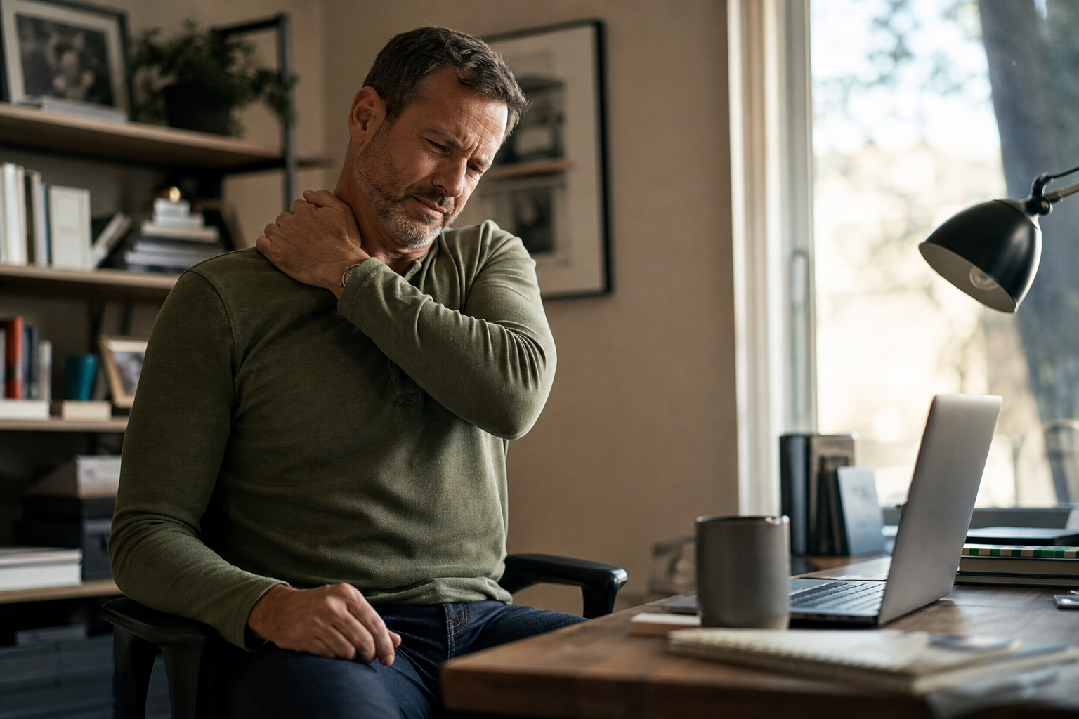 Professional taking a short break to ease shoulder tension at a home desk