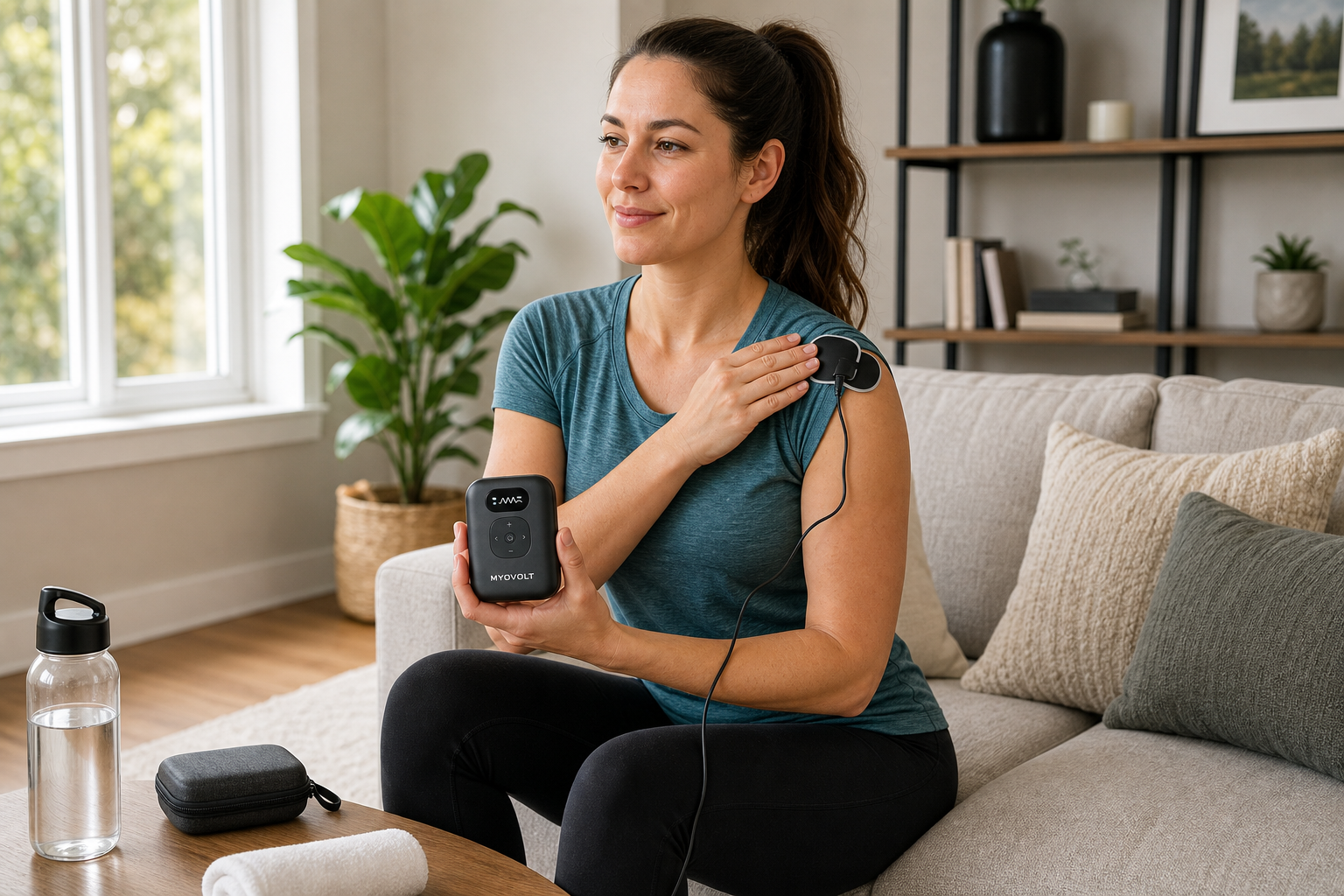 Person using MyoVolt Pocket on shoulder during a home recovery break