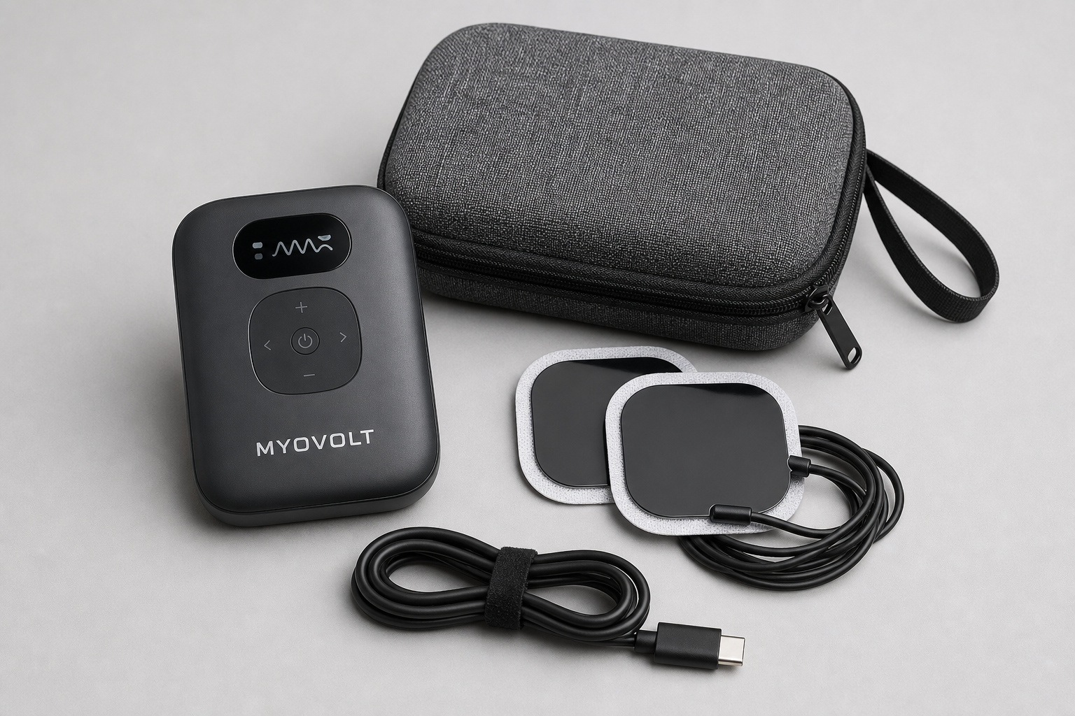 MyoVolt Pocket portable muscle pulse massager with gel pads and travel pouch